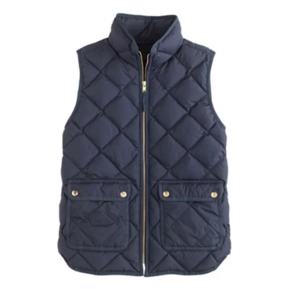 J. Crew Women’s Navy Blue Quilted DOWN Puffer Vest with Snap Pockets Zip-up